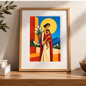 Mother and Child Under the Golden Sun — digital illustration shown as a display example. No physical item, frame or props included.