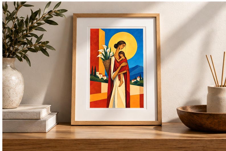Mother and Child Under the Golden Sun — digital illustration shown as a display example. No physical item, frame or props included.