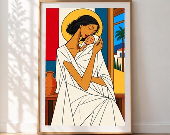 Kunstdruck „Mutter mit Baby“, farbenfrohes Wandbild zum Thema Mutterschaft, Kunstwerk über mütterliche Liebe, zeitgenössischer figurativer Druck