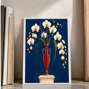 White Orchids in a Colourful Vase — digital illustration shown as a display example. No physical item, frame or props included.