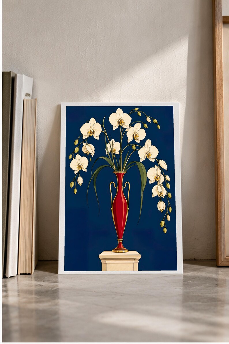 White Orchids in a Colourful Vase — digital illustration shown as a display example. No physical item, frame or props included.