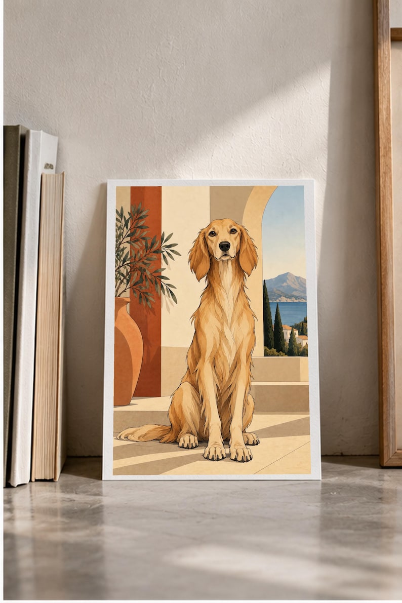 Mediterranean Golden Retriever — digital illustration shown as a display example. No physical item, frame or props included.