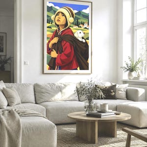 May include: A framed wall art print featuring a stylized illustration of a person wearing a red jacket and a pom-pom beanie, carrying a small white puppy in a dark brown sack against a backdrop of green hills, yellow fields, and a blue sky.