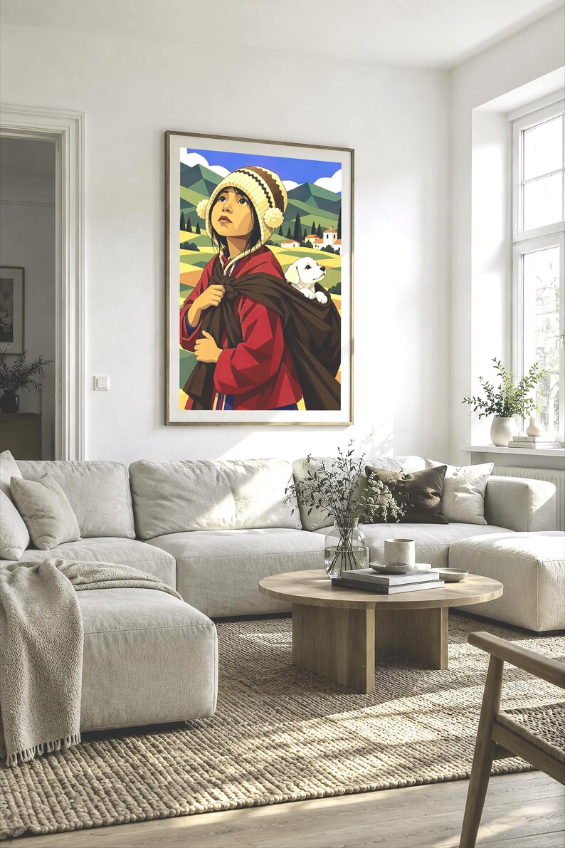 May include: A framed wall art print featuring a stylized illustration of a person wearing a red jacket and a pom-pom beanie, carrying a small white puppy in a dark brown sack against a backdrop of green hills, yellow fields, and a blue sky.