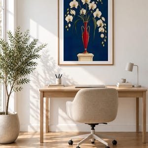 White Orchids in a Colourful Vase — unframed fine art print. Frames and room accessories are not included.