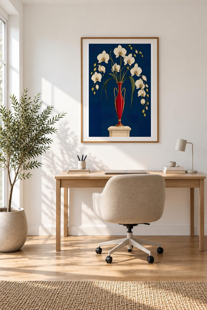 White Orchids in a Colourful Vase — unframed fine art print. Frames and room accessories are not included.