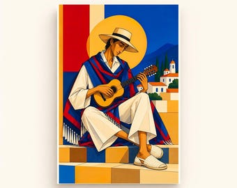 Guitarist Under the Mediterranean Sun Printable Wall Art, Colorful Digital Download, A4 A5 and 2:3 JPG Files