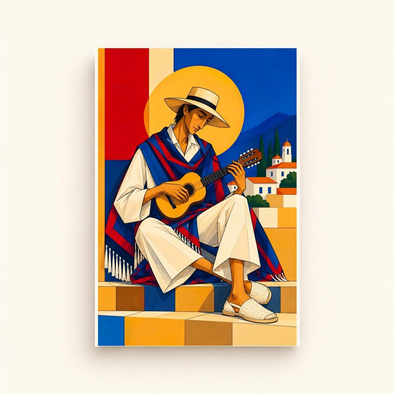 Guitarist Under the Mediterranean Sun — digital illustration shown as a display example. No physical item, frame or props included.