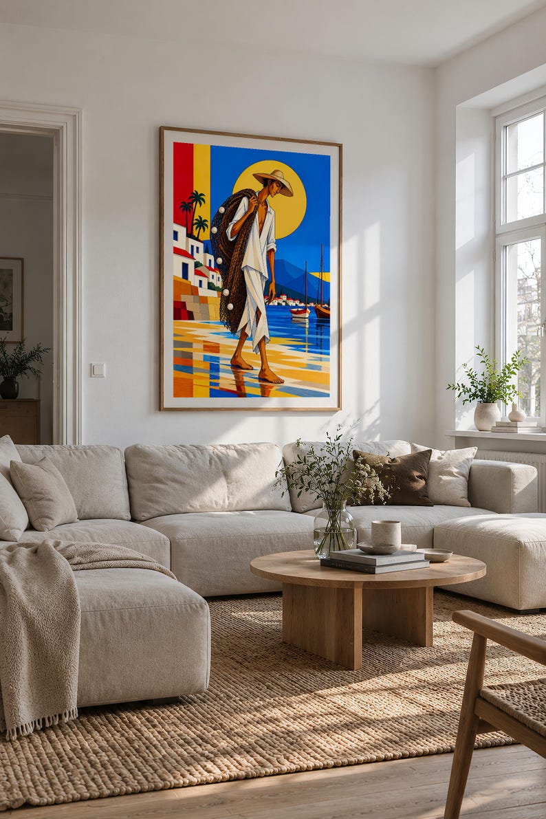 Fisherman by the Mediterranean Sea — unframed fine art print. Frames and room accessories are not included.
