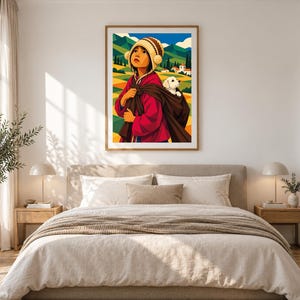 May include: A framed wall art print featuring a stylized illustration of a person wearing a red jacket and a beige knit hat with pom-poms. The person carries a small white puppy in a brown wrap against a backdrop of green hills and a blue sky.