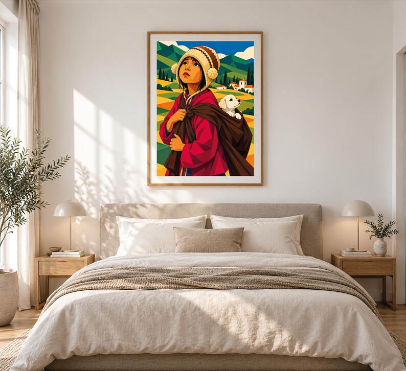 May include: A framed wall art print featuring a stylized illustration of a person wearing a red jacket and a beige knit hat with pom-poms. The person carries a small white puppy in a brown wrap against a backdrop of green hills and a blue sky.