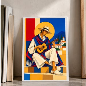 Guitarist Under the Mediterranean Sun — digital illustration shown as a display example. No physical item, frame or props included.