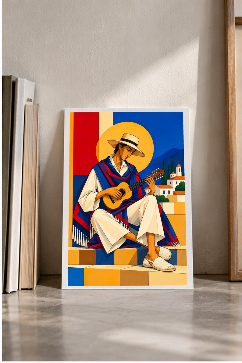 Guitarist Under the Mediterranean Sun — digital illustration shown as a display example. No physical item, frame or props included.