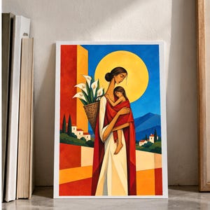 Mother and Child Under the Golden Sun — digital illustration shown as a display example. No physical item, frame or props included.