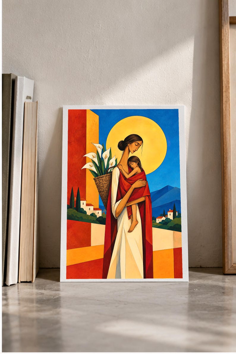 Mother and Child Under the Golden Sun — digital illustration shown as a display example. No physical item, frame or props included.