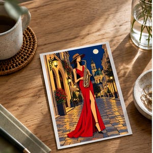 Saxophonist Under the Moon — digital illustration shown as a display example. No physical item, frame or props included.