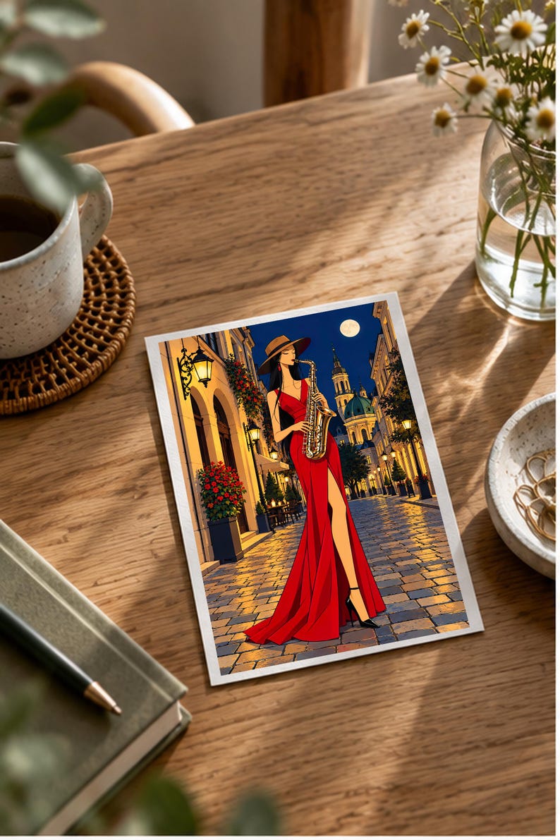 Saxophonist Under the Moon — digital illustration shown as a display example. No physical item, frame or props included.