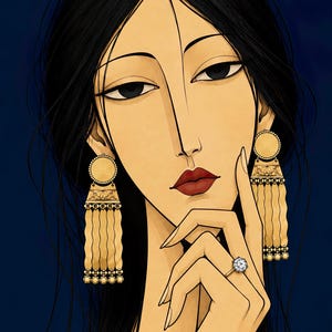 Woman with Golden Jewellery — unframed fine art print. Frames and room accessories are not included.