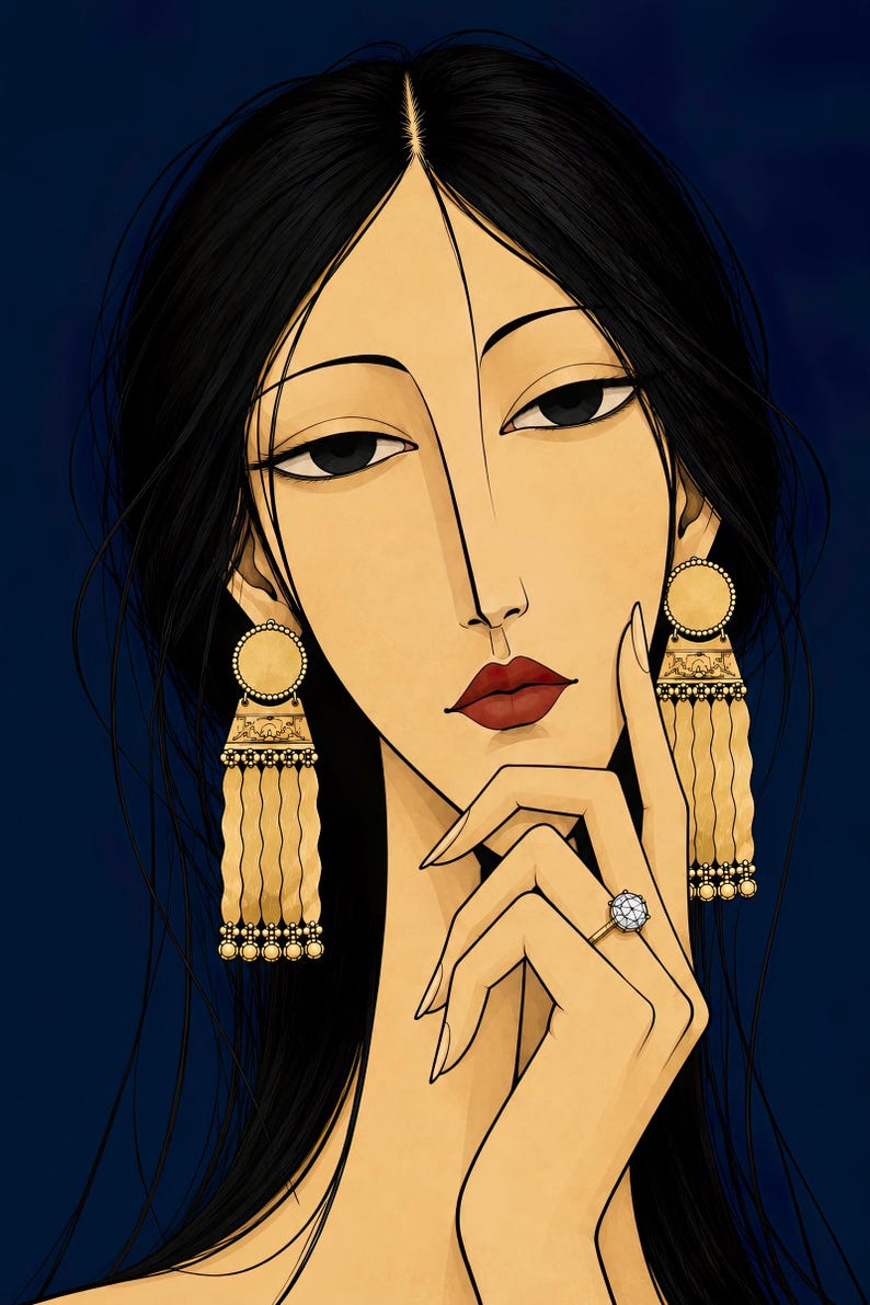Woman with Golden Jewellery — unframed fine art print. Frames and room accessories are not included.