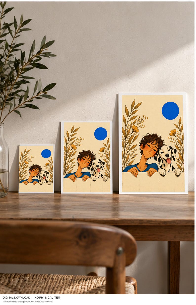 A Boy and His Dalmatian — digital illustration shown as a display example. No physical item, frame or props included.
