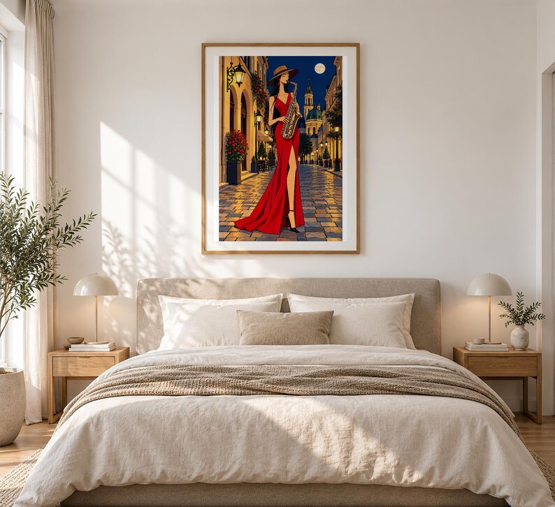 Saxophonist Under the Moon — unframed fine art print. Frames and room accessories are not included.