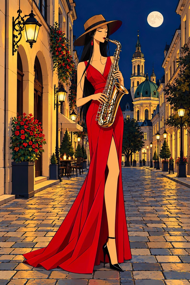 Saxophonist Under the Moon — unframed fine art print. Frames and room accessories are not included.