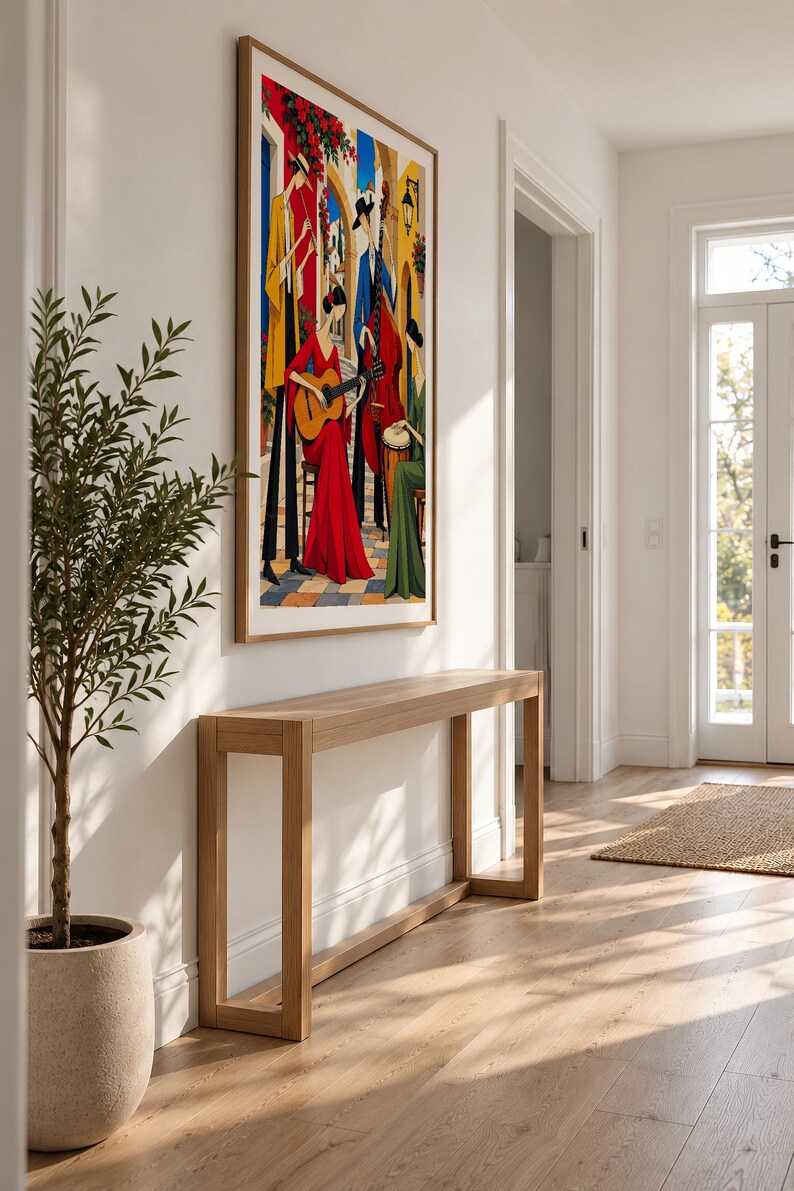 Musicians in a Mediterranean Courtyard — unframed fine art print. Frames and room accessories are not included.