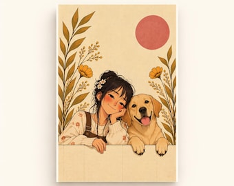 May include: A digital illustration featuring a person with dark hair and a golden Labrador retriever resting their arms on a ledge. The scene includes stylized yellow flowers, green leaves, and a solid red circle against a cream background.