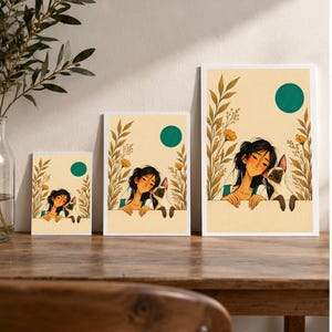 A Girl and Her Cat — digital illustration shown as a display example. No physical item, frame or props included.
