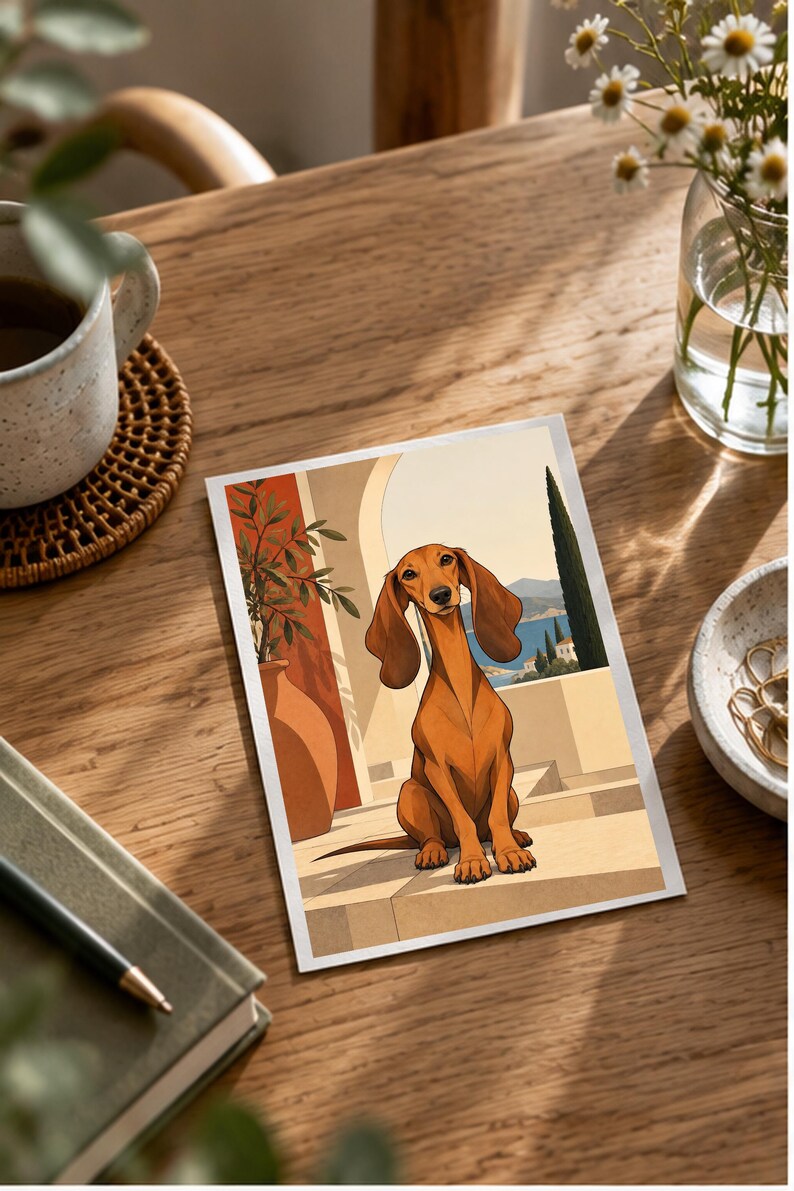 Mediterranean Dachshund — digital illustration shown as a display example. No physical item, frame or props included.