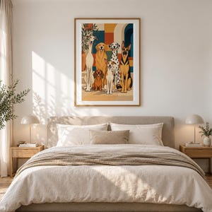 Six Dogs in a Mediterranean Courtyard — unframed fine art print. Frames and room accessories are not included.