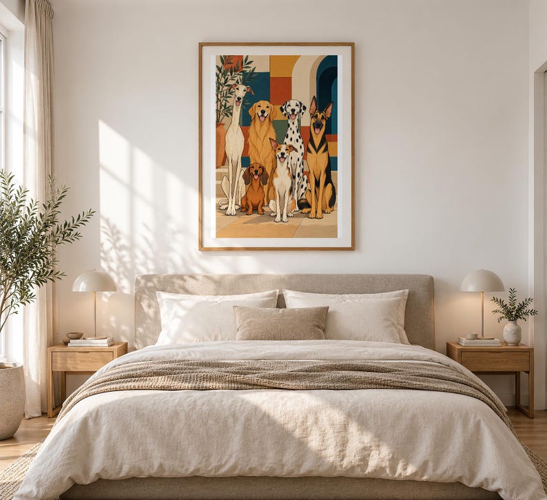 Six Dogs in a Mediterranean Courtyard — unframed fine art print. Frames and room accessories are not included.