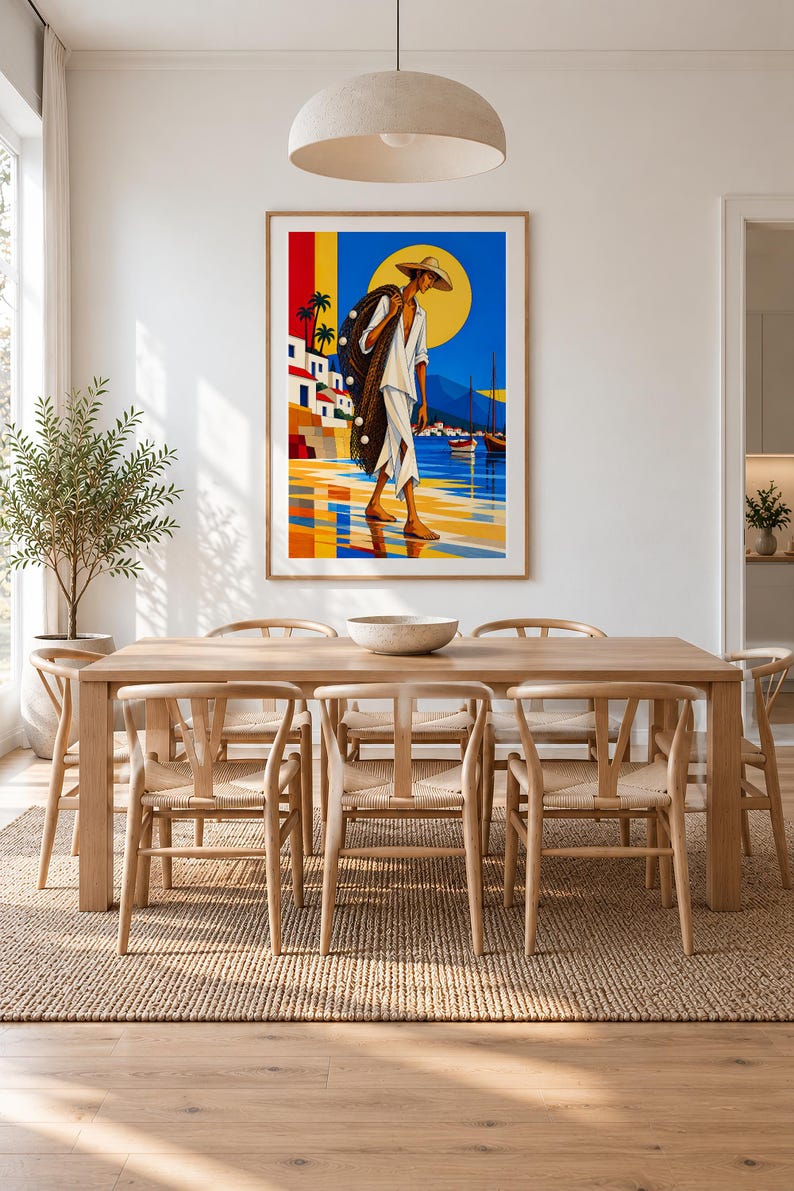 Fisherman by the Mediterranean Sea — unframed fine art print. Frames and room accessories are not included.