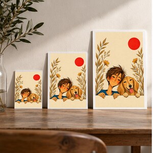 A Boy and His Golden Companion — digital illustration shown as a display example. No physical item, frame or props included.