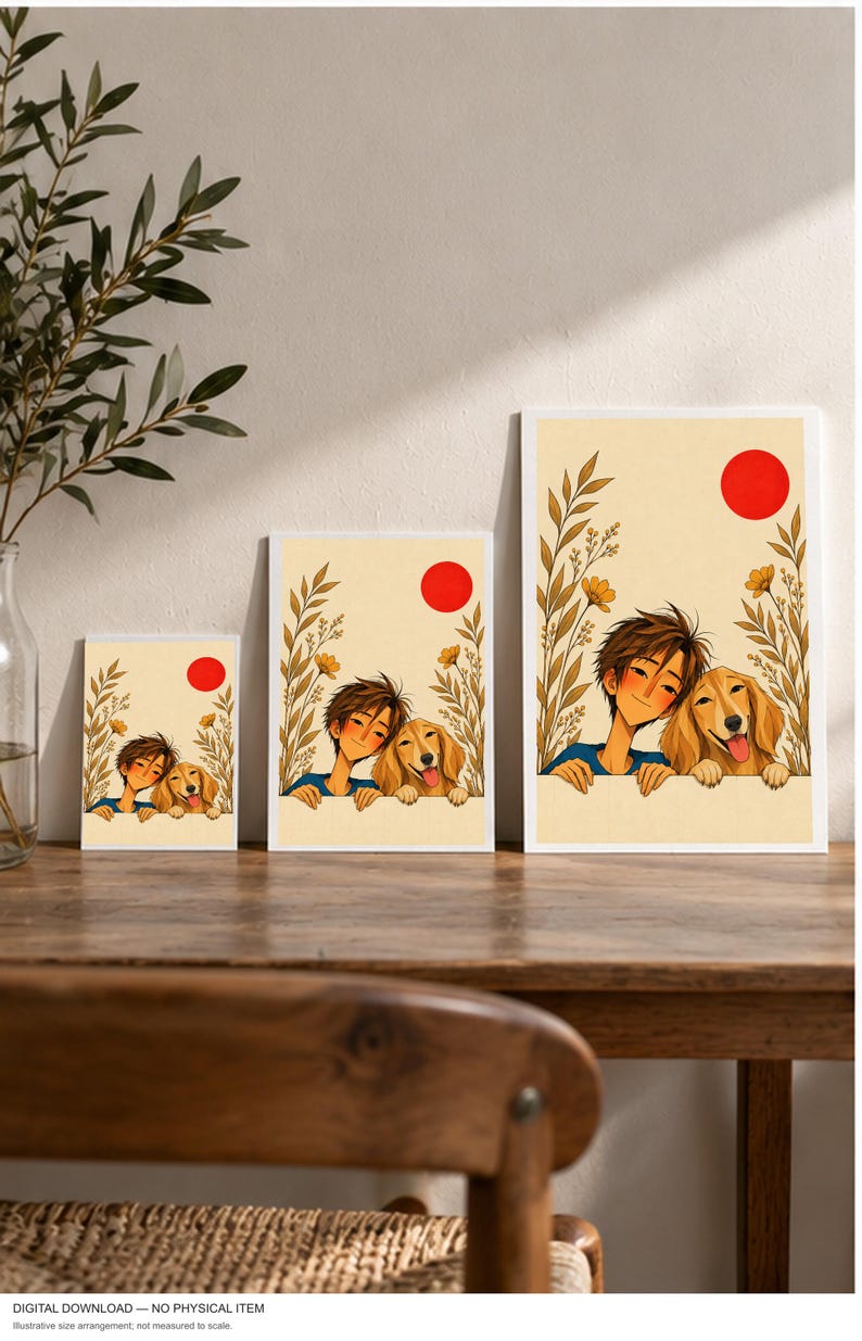 A Boy and His Golden Companion — digital illustration shown as a display example. No physical item, frame or props included.