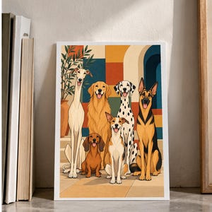 Six Dogs in a Mediterranean Courtyard — digital illustration shown as a display example. No physical item, frame or props included.