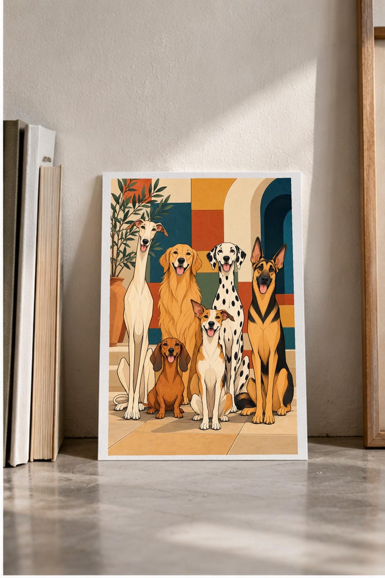 Six Dogs in a Mediterranean Courtyard — digital illustration shown as a display example. No physical item, frame or props included.