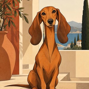 Mediterranean Dachshund — unframed fine art print. Frames and room accessories are not included.