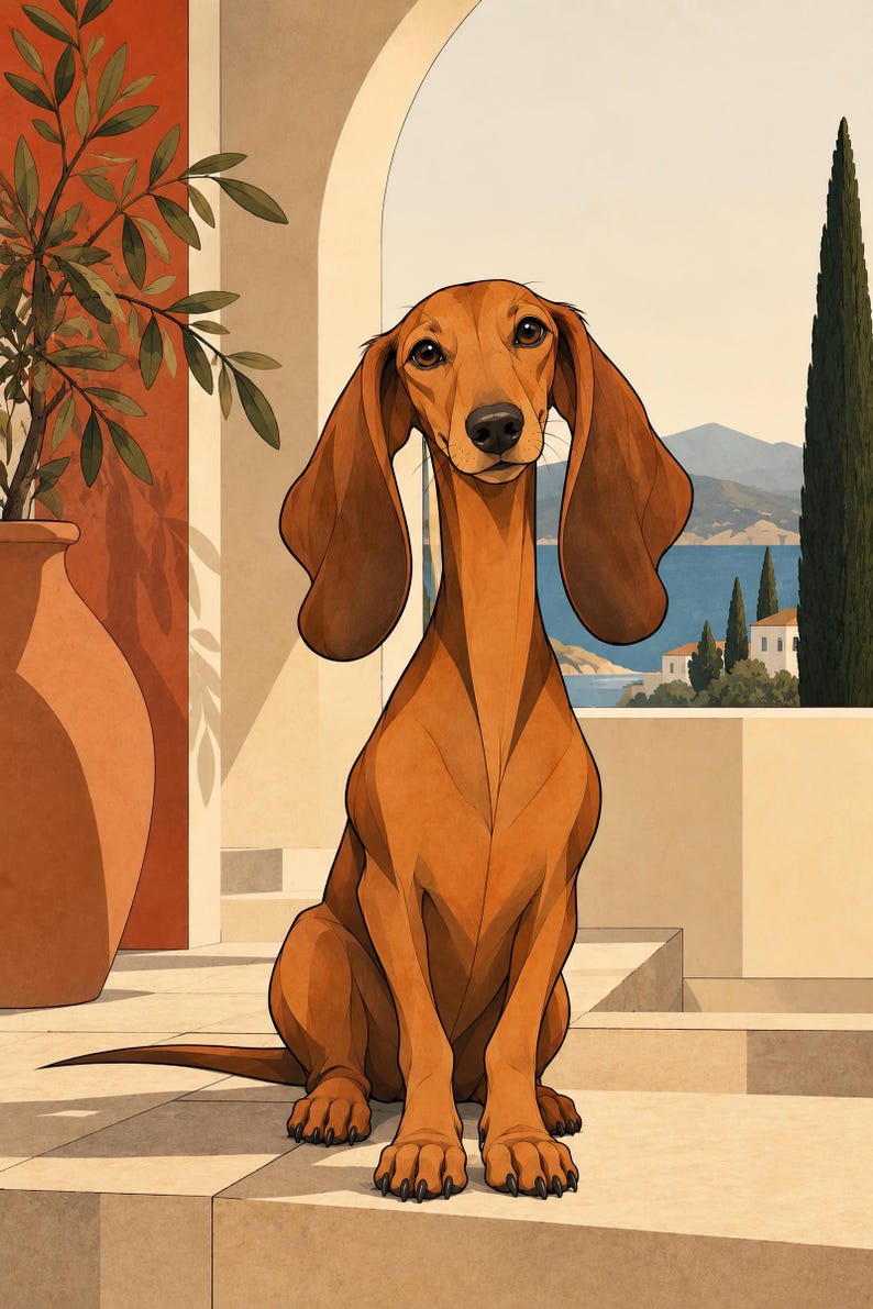 Mediterranean Dachshund — unframed fine art print. Frames and room accessories are not included.