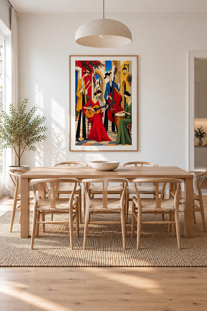 Musicians in a Mediterranean Courtyard — unframed fine art print. Frames and room accessories are not included.