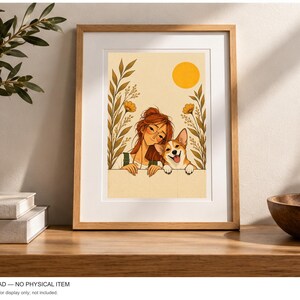 A Girl and Her Corgi — digital illustration shown as a display example. No physical item, frame or props included.