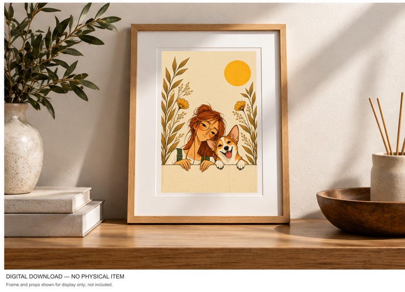A Girl and Her Corgi — digital illustration shown as a display example. No physical item, frame or props included.