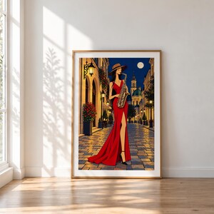 Saxophonist Under the Moon — unframed fine art print. Frames and room accessories are not included.