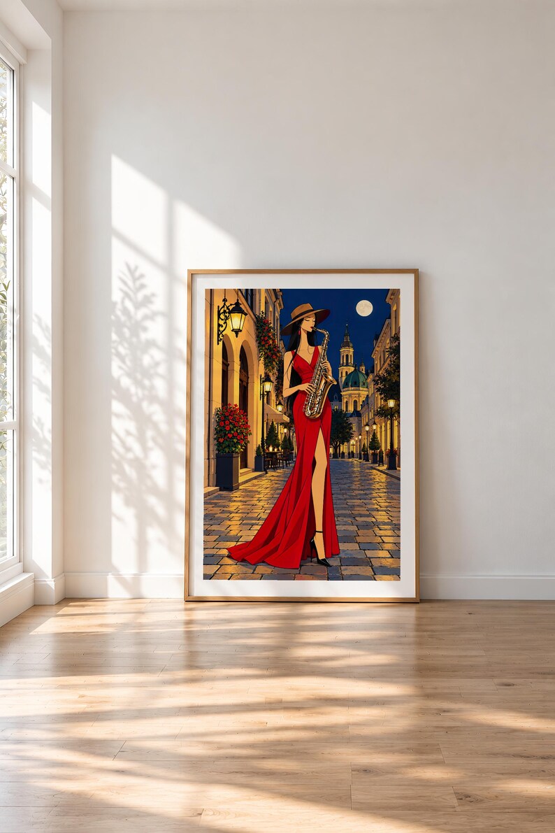 Saxophonist Under the Moon — unframed fine art print. Frames and room accessories are not included.
