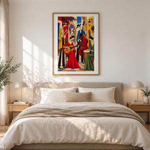 Musicians in a Mediterranean Courtyard — unframed fine art print. Frames and room accessories are not included.