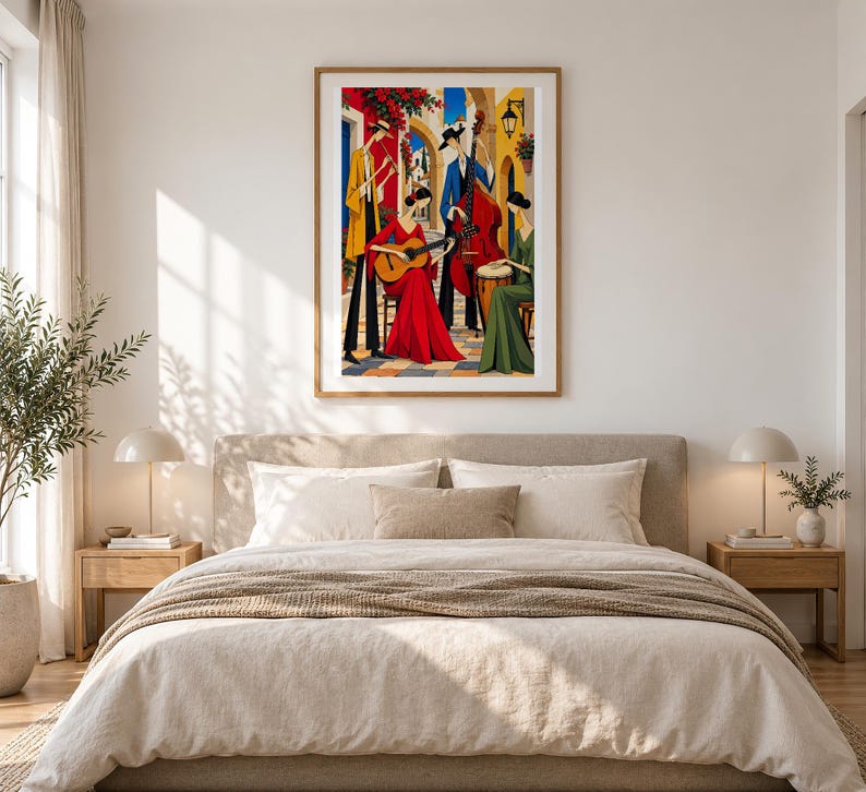 Musicians in a Mediterranean Courtyard — unframed fine art print. Frames and room accessories are not included.