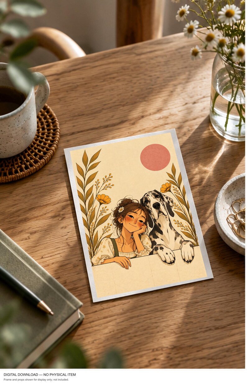 A Girl and Her Great Dane — digital illustration shown as a display example. No physical item, frame or props included.