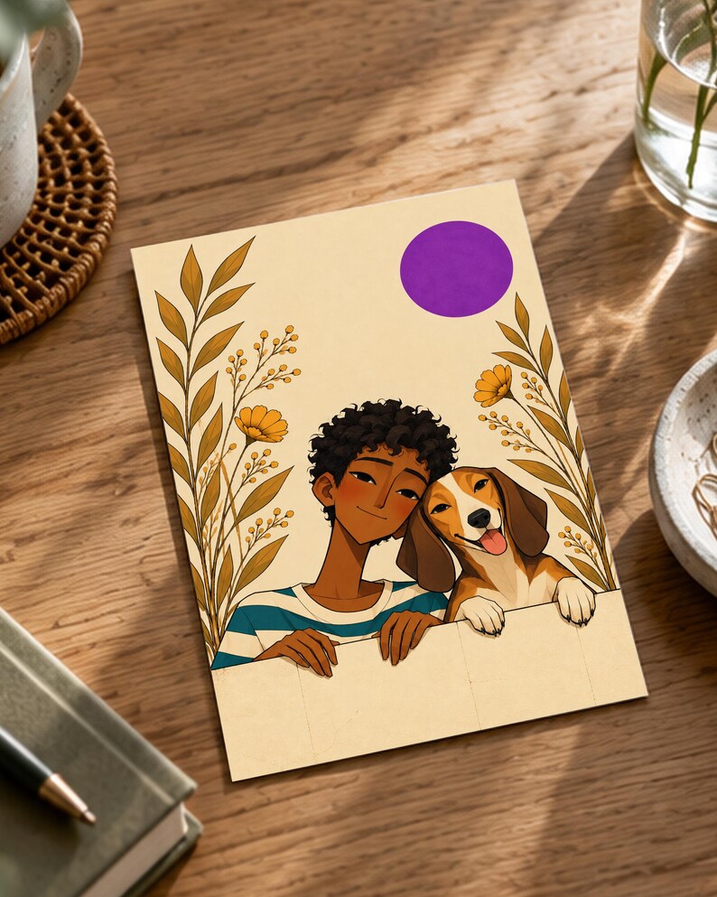 Puede incluir: Una l&aacute;mina rectangular con una ilustraci&oacute;n de estilo dibujo animado de una persona de pelo rizado oscuro y un perro beagle apoyando los brazos en un borde. La escena incluye tallos bot&aacute;nicos de color dorado, flores amarillas y un c&iacute;rculo morado.