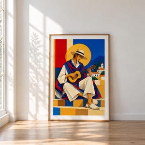 Guitarist Under the Mediterranean Sun — unframed fine art print. Frames and room accessories are not included.