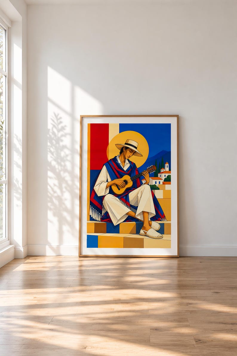 Guitarist Under the Mediterranean Sun — unframed fine art print. Frames and room accessories are not included.